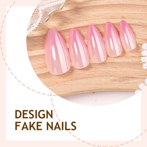 Glossy almond-shaped press-on nails with rose pink gradient on light wood background