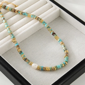 Natural jasper beaded necklace with a baroque freshwater pearl and golden accents