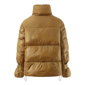 Back view of a tan padded puffer jacket with stand collar and ruched drawstring cuffs