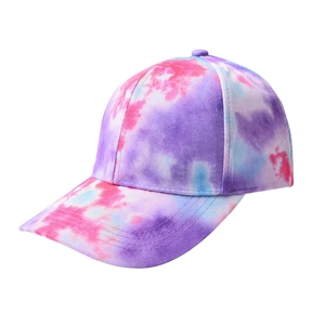 Detailed close-up of a tie-dye cotton baseball cap in pink, purple, and blue hues