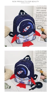 Detail of space rocket backpack featuring astronaut graphics and 3D fin decorations