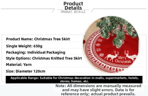 Detail of red knitted Christmas tree skirt with reindeer pattern, 120cm diameter size
