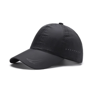 Breathable black quick-dry baseball cap with laser-cut ventilation holes and side logo