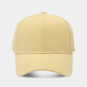Front view of a minimalist light beige cotton baseball cap with a structured crown