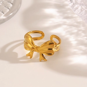 Minimalist 18K gold plated stainless steel bow ring with double line open design