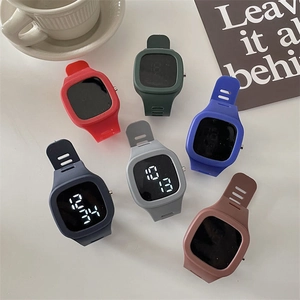 Collection of colorful kids LED digital watches with silicone bands in multiple shades