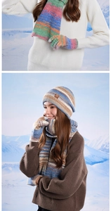Détails du tricot de l'ensemble bonnet, écharpe et gants tactiles en maille chinée