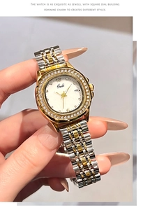 Detail of Gedi tonneau watch with rhinestone bezel and silver-gold steel bracelet