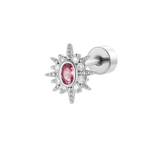 Silver starburst helix earring with pink oval zircon and sparkling clear stones