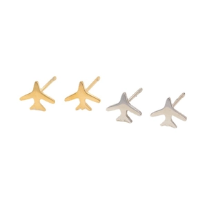 Polished stainless steel airplane stud earrings set in silver and gold finish