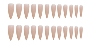 Detailed set of 24 nude almond pointed press-on nails displayed in a neat double row
