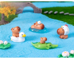 Miniature capybara resin figurines set displayed in a creative micro landscape