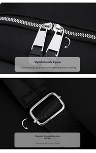 Detail of fashion dual zippers and adjustable metal buckle on black nylon backpack