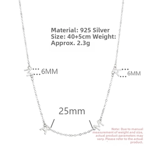 Detail view of S925 sterling silver MAMA necklace with size dimensions 40cm plus 5cm length