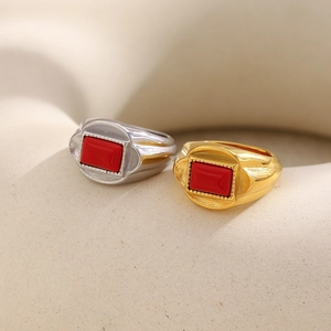 Retro 18K gold plated stainless steel signet ring with rectangular red stone inlay