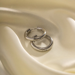 Chic silver stainless steel hoop earrings displayed on elegant beige silk fabric