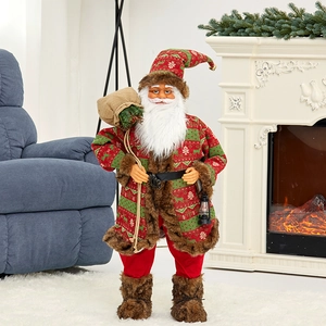 Standing Santa Claus figurine in Nordic robe with gift sack and lantern decoration
