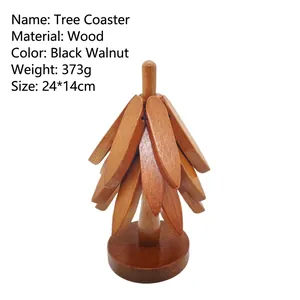 Tree-shaped solid wood heat insulation mat set in black walnut finish for table