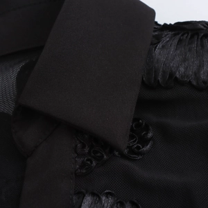 Elegant black V-neck shirt with sheer mesh shoulders and 3D floral ribbon embroidery