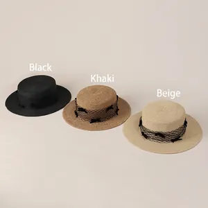 Elegant flat top straw hat with mesh bow in black, khaki, and beige for women