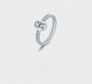 Detail view of the woven texture band and oval-cut gemstone on S925 silver ring