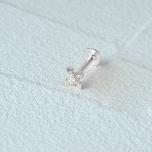 Detailed macro view of 925 sterling silver cross stud earring with zircon stone and flat back