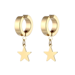 Detailed view of gold stainless steel star pendant hoop earrings on white background