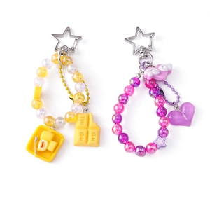 Fashionable beaded heart chocolate cake keychains for backpacks in yellow and purple styles