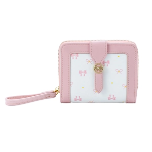 Pink and white bifold wallet for women with bow pattern and metal bow snap button