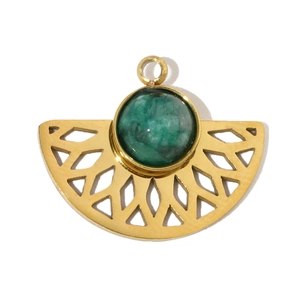 Detailed view of a fan-shaped gold stainless steel pendant with a green natural stone