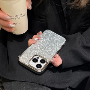 Close-up of silver glitter phone case with gold electroplated frame for iPhone