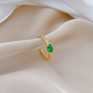 Adjustable gold plated ring with green oval zircon and sparkling pavé accents