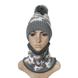 Kids winter knit unicorn hat and neck warmer set with faux fur lining and pompom