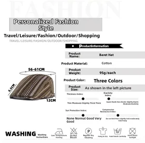Size chart for dark brown striped cotton newsboy cap showing dimensions and care icons