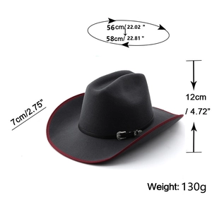 Détails du chapeau western gris foncé avec bordure rouge et dimensions : 56-58cm