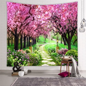 Detail of large landscape wall tapestry featuring a blooming pink cherry blossom forest path