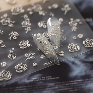 Relief Nail Stickers Rose Flower Design Silver White Embossed Self Adhesive Professional Manicure Decor Elegant Floral