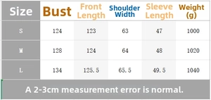 Detailed size chart for women's wool coat showing bust, length and sleeve measurements