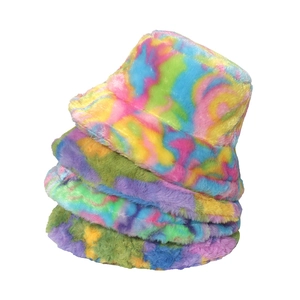 Rainbow Tie Dye Faux Rabbit Fur Bucket Hat Winter Warm Plush Thickened Windproof Outdoor Travel Cap For Women