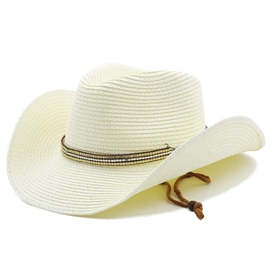 Detail of cream woven western straw hat featuring beaded band and brown wind cord