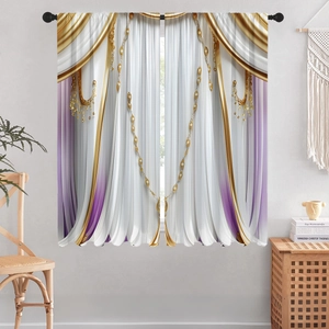 Detail of luxurious 3D printed floral curtains with elegant gold tassels and decorative chains