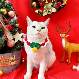 Close-up of a festive hand-knit pet Christmas bowtie on a cat with holiday decor
