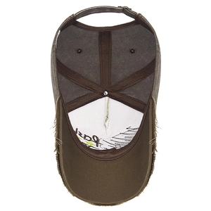Vintage dark brown distressed cotton baseball cap with frayed edges and adjustable buckle strap