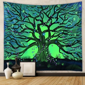 Detailed view of Tree of Life tapestry fabric with vibrant green and blue glowing patterns
