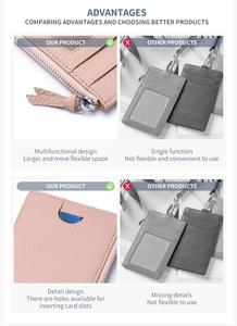 Pink lychee texture leather card holder with zipper pocket and retractable lanyard detail