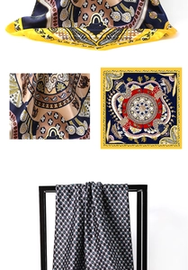 Detailed view of bohemian floral and geometric patterns on silky satin square scarves