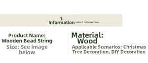 Close-up of wooden bead garland product information and Christmas tree decor specifications