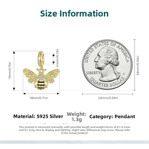 S925 silver bee pendant size chart showing dimensions 19x18mm next to a coin scale