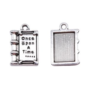 Vintage silver book charm with 'Once Upon A Time' engraving showing front and back view