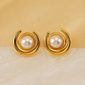 Orecchini A Lobo Mezzaluna Acciaio Inossidabile Placcato Oro 18K Con Perla Artificial Gioielli Vintage Eleganti Donna
